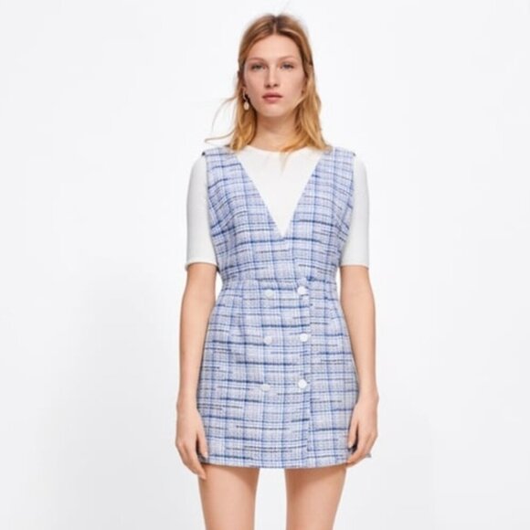 ZARA Blue Tweed Double Breasted Mini Dress Size M | Blogger Favourite - Picture 7 of 12